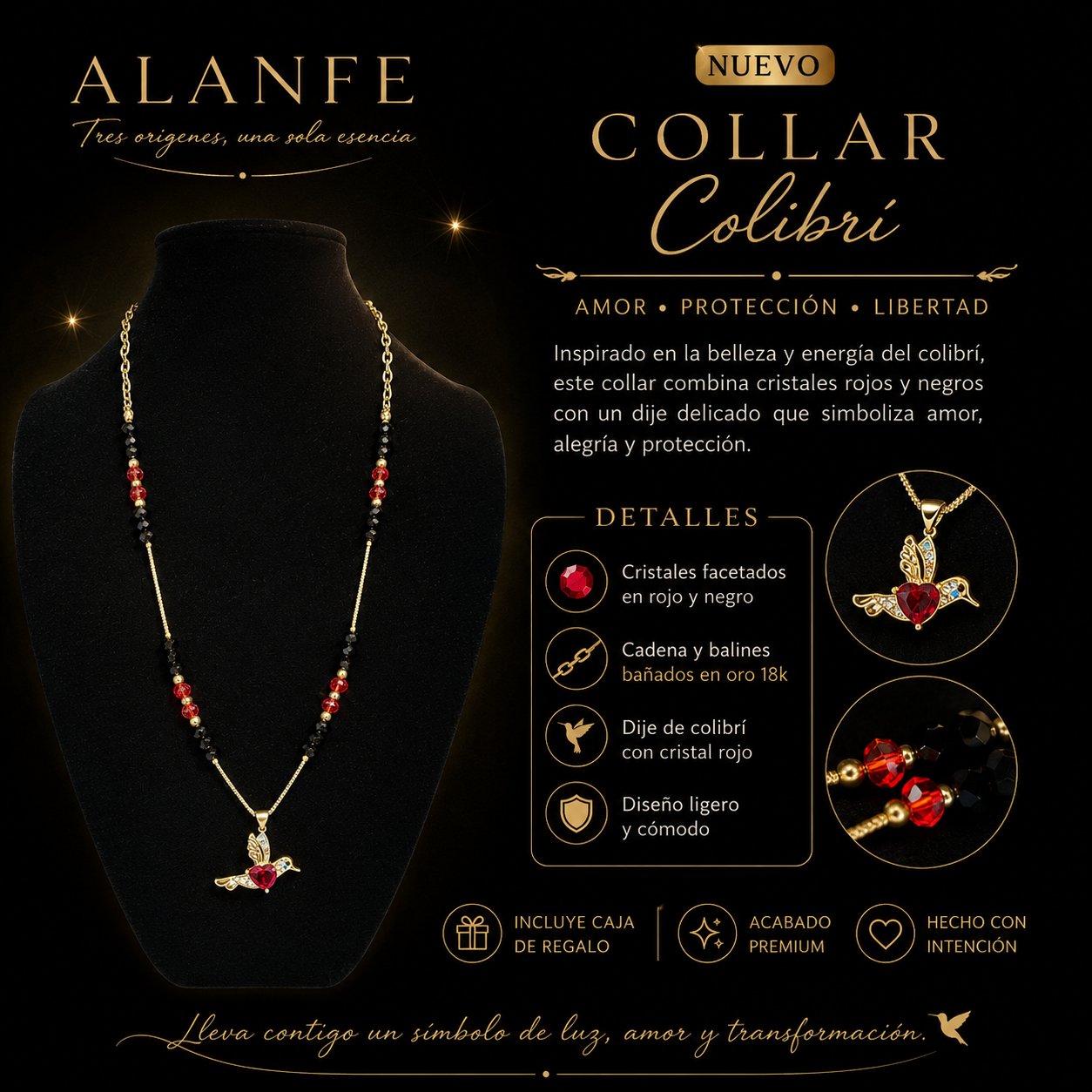 Collar Colibrí negro y rojo